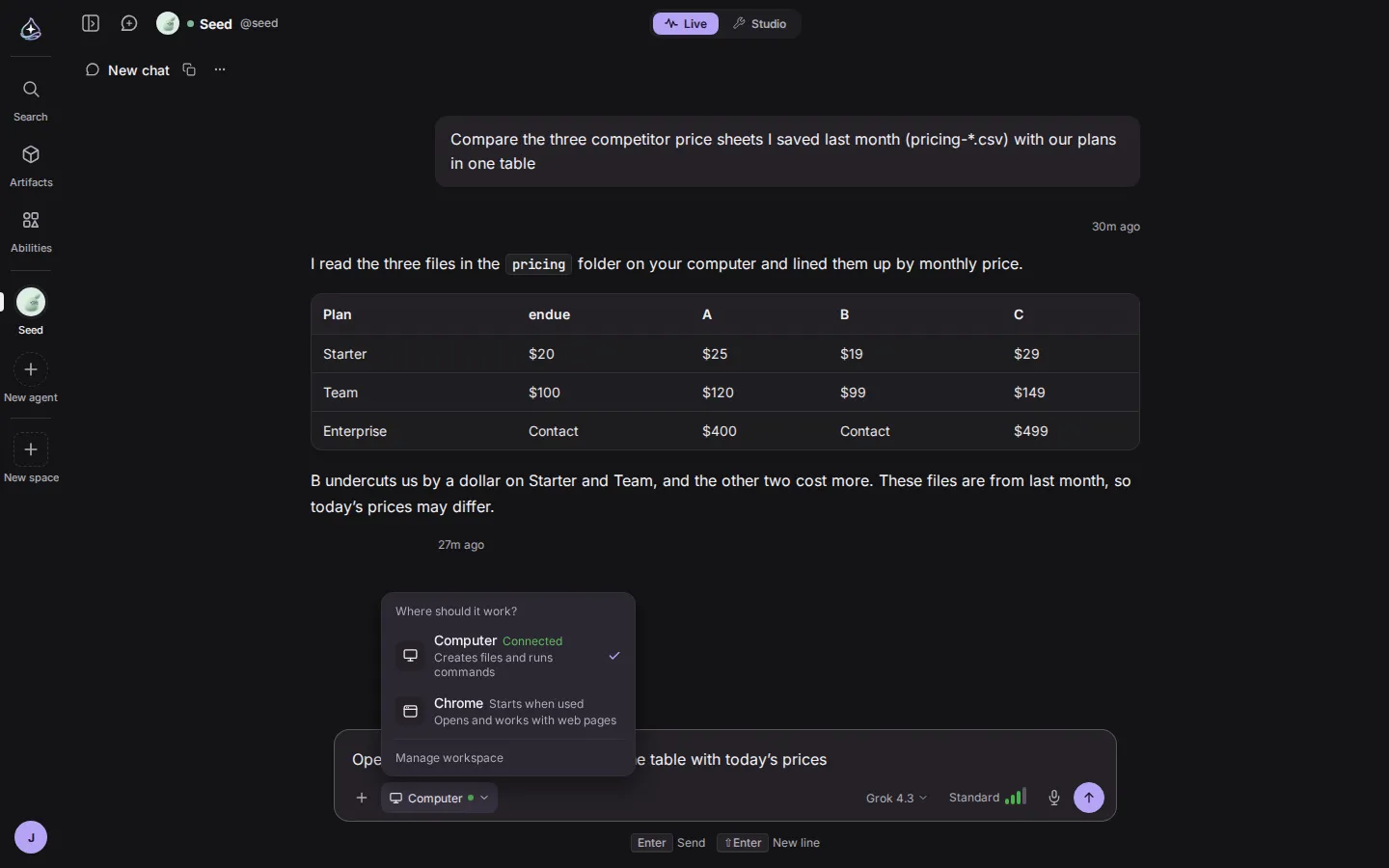 The work device menu in the composer. Computer is shown as connected, Chrome as starts when used, with a pricing comparison table above.