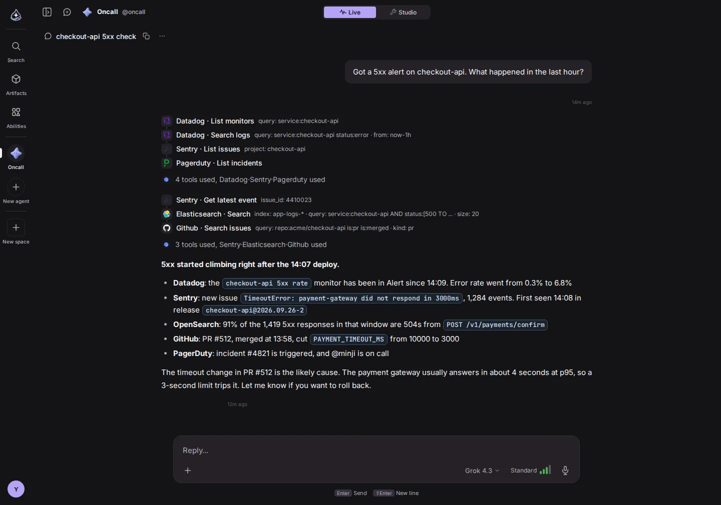 A conversation with an on-call agent. Tool calls to Datadog, Sentry, PagerDuty, Elasticsearch and GitHub are listed one per line, followed by a root-cause analysis.