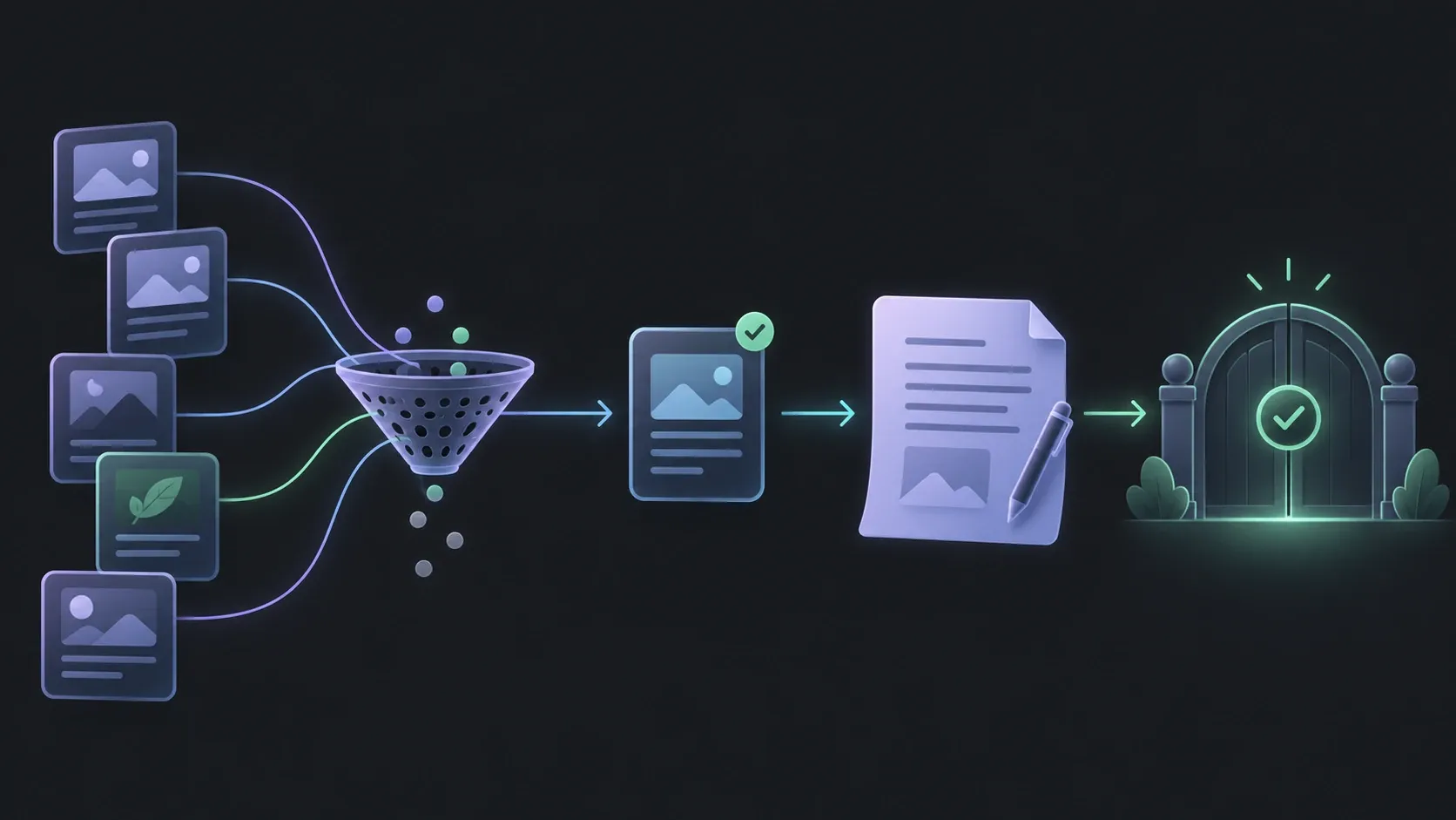 Source cards pass through deduplication, evidence review and drafting before an approval gate.