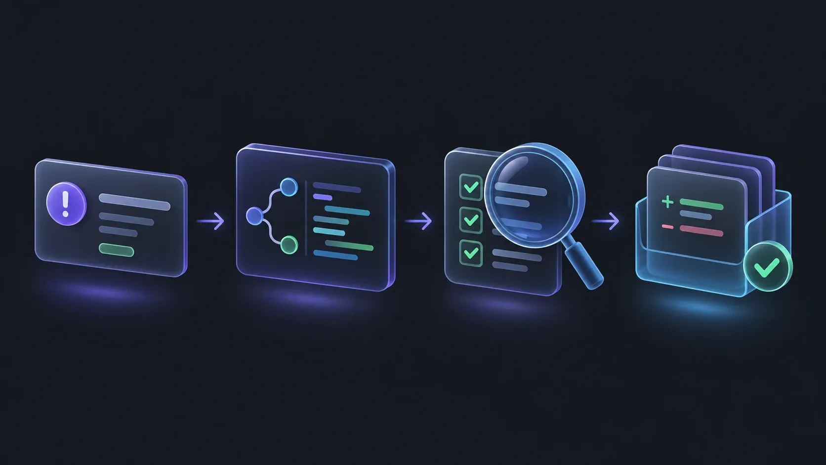 A bounded issue progresses through code changes, tests and a reviewable change package.