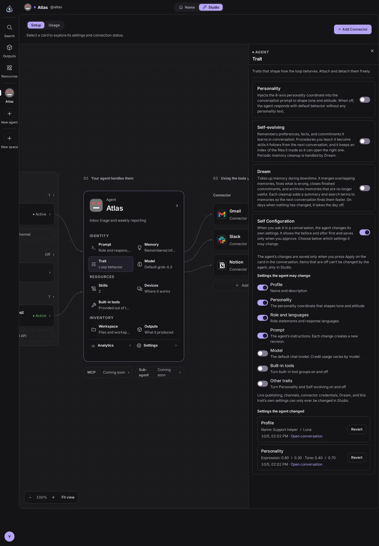 The Self Configuration trait, turned on. Under settings the agent may change, Profile, Personality, Role and languages, and Prompt are on; Model, Built-in tools, and Other traits are off. Below are two settings the agent changed, each with its before and after values, a link to the conversation, and a Revert button.