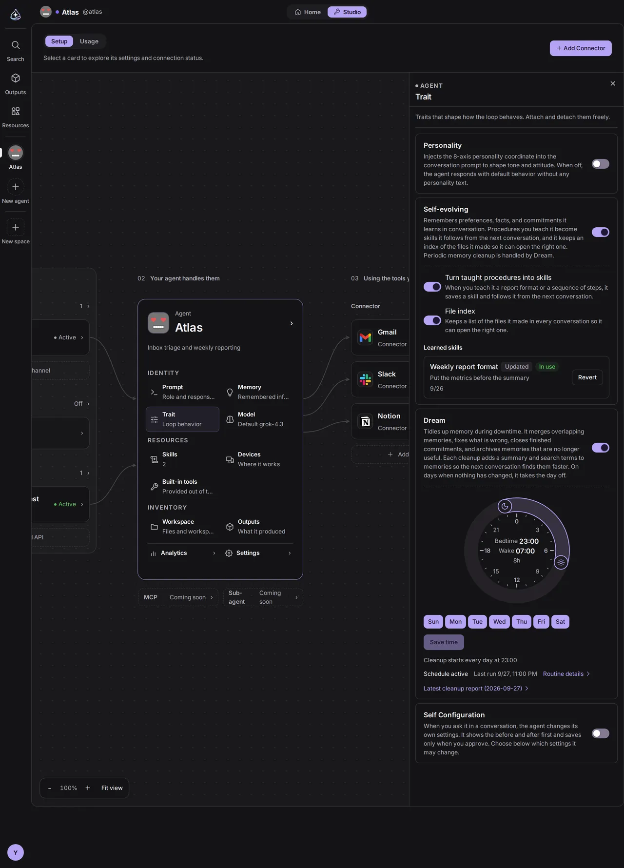 The trait section. Personality, Self-evolving, Dream, and Self Configuration each sit on a switch with a one-sentence explanation. Under Self-evolving, which is on, are the skills and file index switches and one learned skill; under Dream, which is on, is the clock that sets when it sleeps.