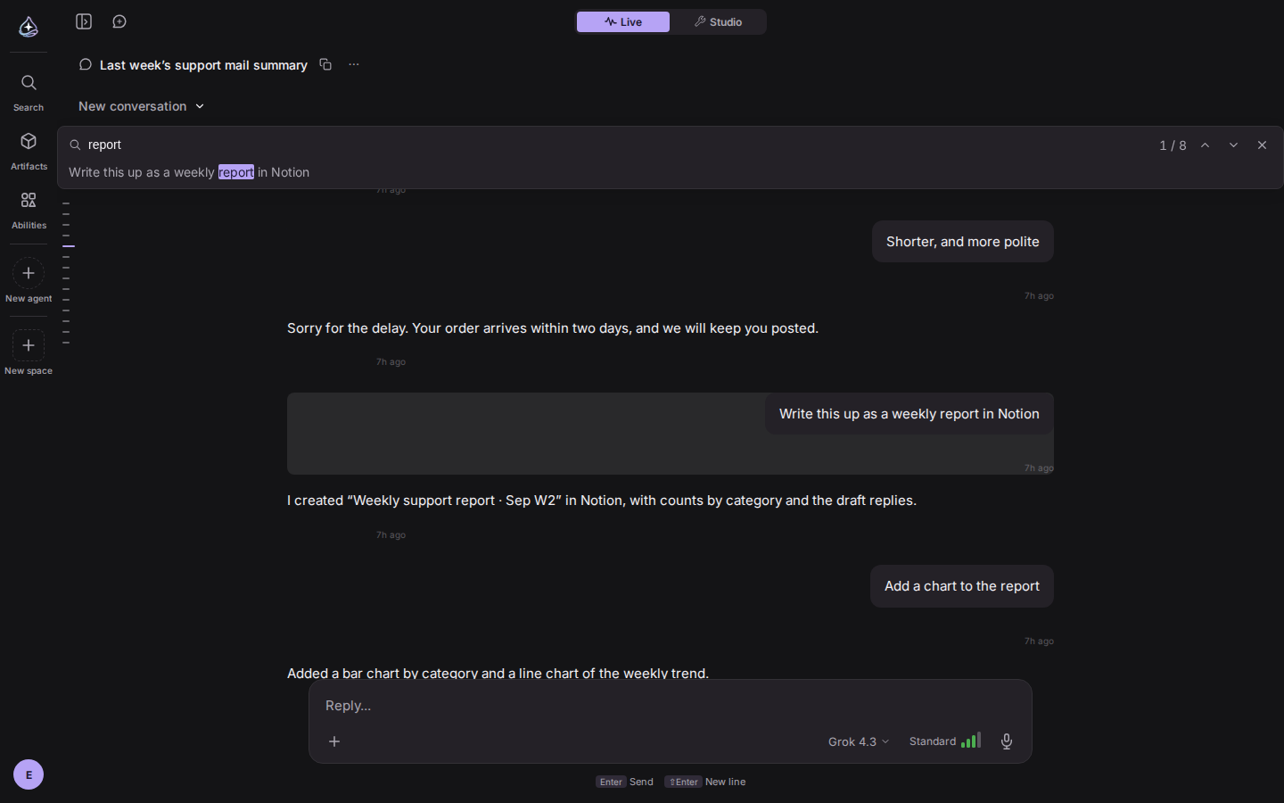 Find in conversation: the query and match count