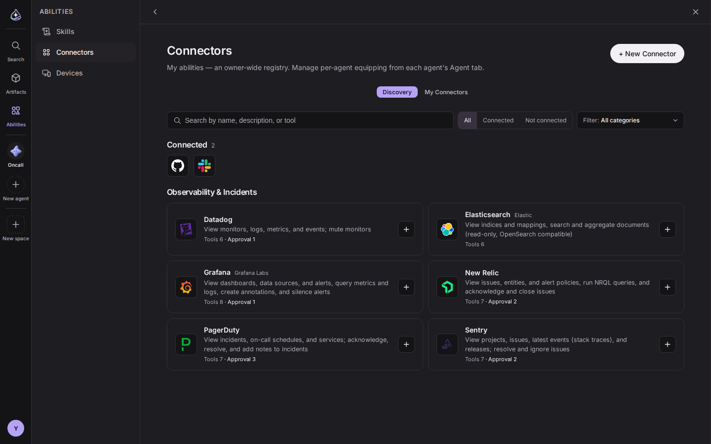 The Observability & Incidents group in the Discover tab. Datadog, Elasticsearch, Grafana, New Relic, PagerDuty, and Sentry, each with its tool count and how many tools need approval.