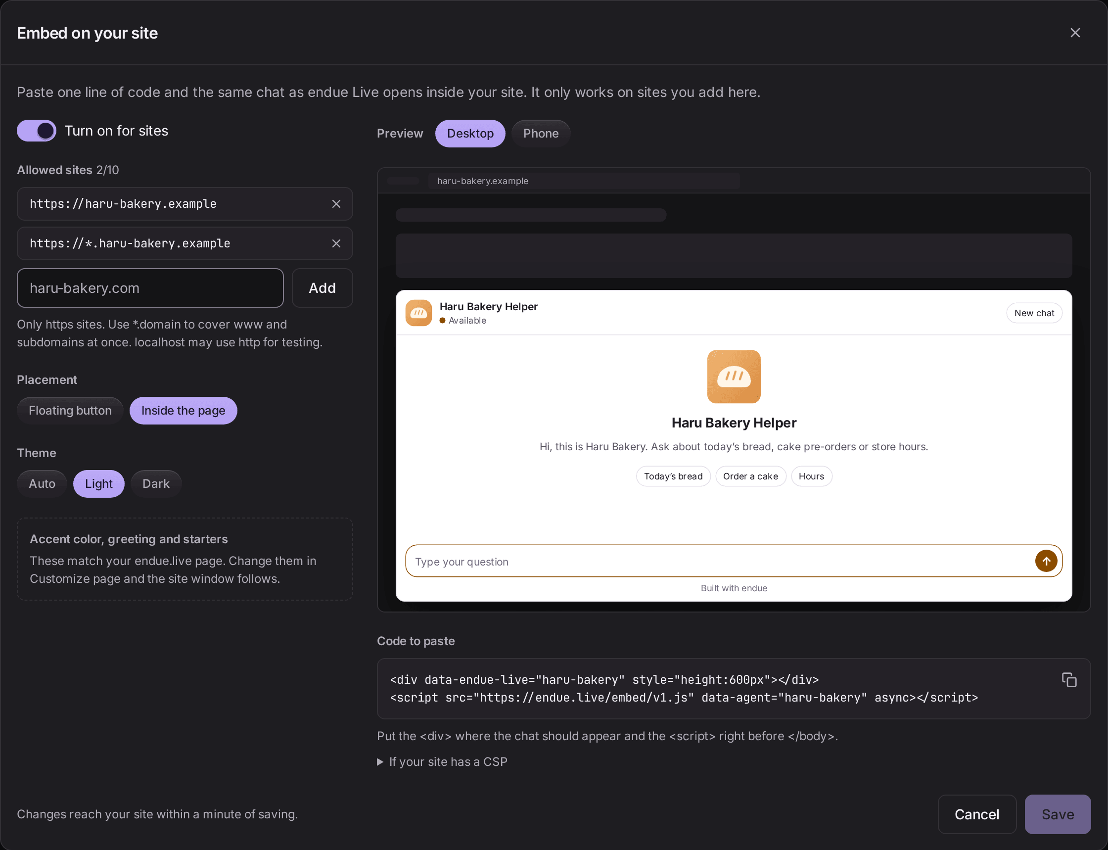 The Embed on your site screen with the placement set to “Inside the page”. The preview shows the window placed in the middle of a page with no button, and the code to paste is two lines: one div and one script.