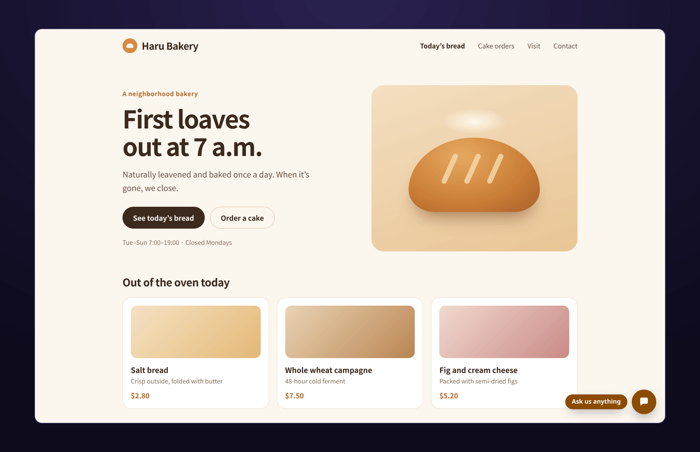 The home page of the Haru Bakery site. It shows the headline “First loaves out at 7 a.m.” and three breads baked today, with a round chat-bubble button labeled “Ask us anything” floating in the bottom right corner.