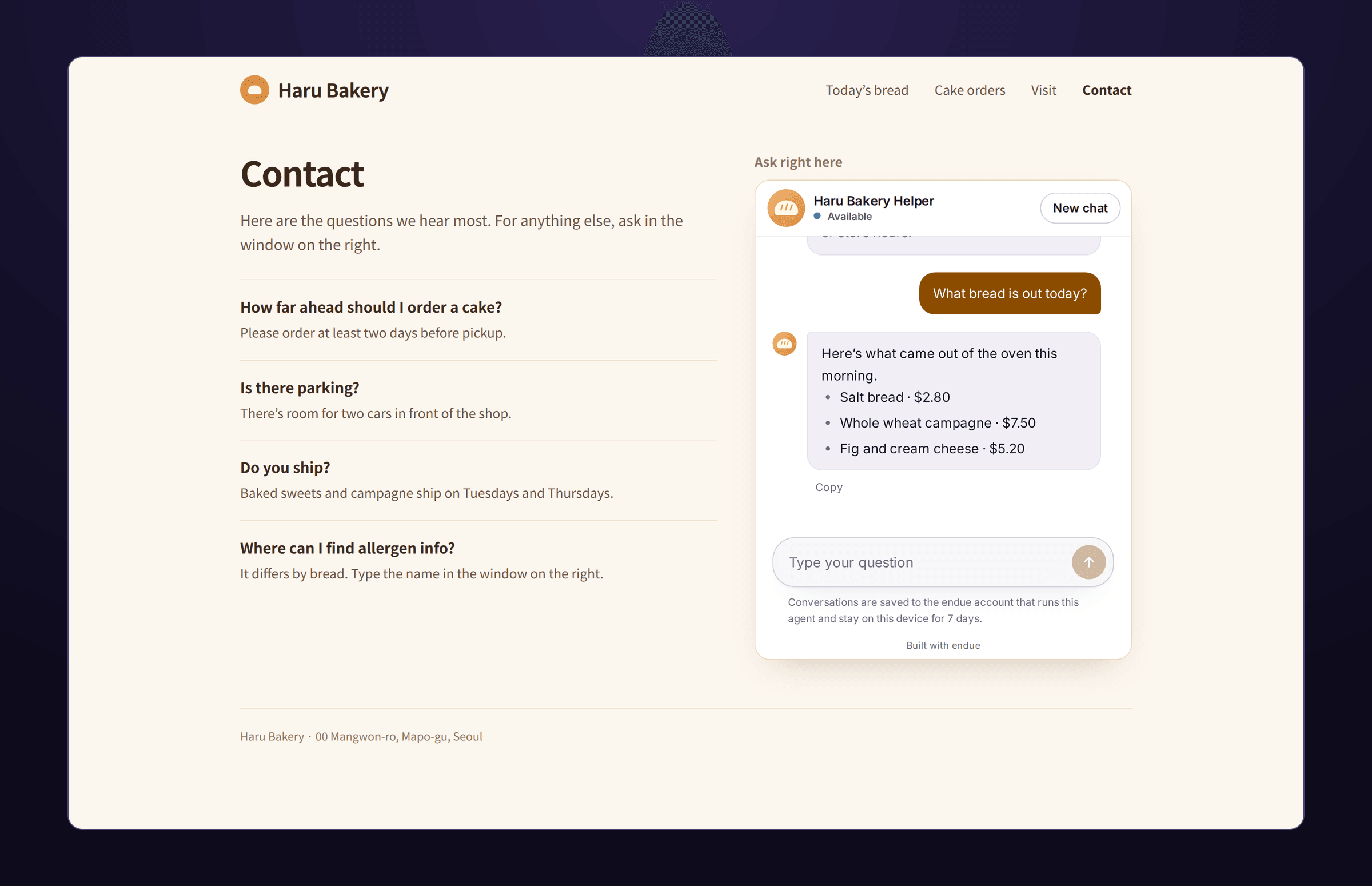 The contact page of Haru Bakery. Questions and answers about cake orders, parking, shipping and allergens are on the left. On the right, under “Ask right here”, the chat window sits inside the page. The visitor asks “What bread is out today?” and the helper lists salt bread, whole wheat campagne and fig and cream cheese with prices.