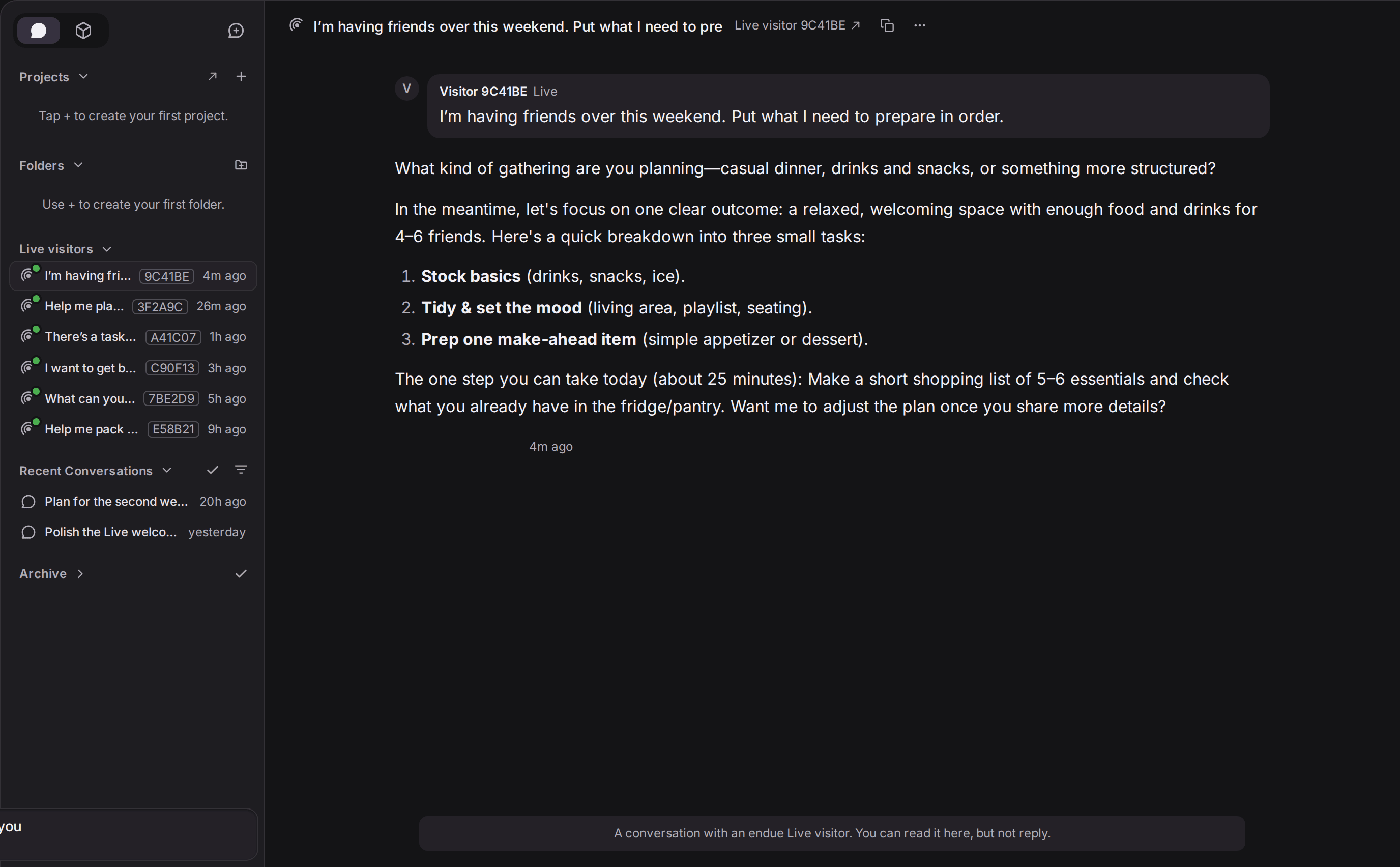 The owner’s view. The Live visitors group in the sidebar lists six conversations with aliases such as 9C41BE and 3F2A9C. The main pane shows the hosting question from visitor 9C41BE and Tin’s reply. A note at the bottom says the conversation is with an endue Live visitor and can only be read here.
